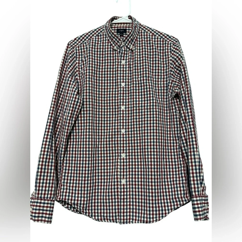J. Crew Men's Burgundy and Navy Plaid Shirt